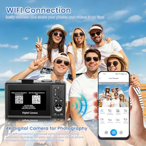 Image of 4K Digital Camera for Photography, 64MP HD WiFi Vlogging Camera for YouTube with 3 inch 180Flip Screen, 18X Digital Zoom,Autofocus Compact Camera with Flash,32GB TF Card & 2 Batteries(Black)