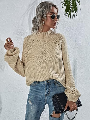 Image of Upopby Women's Fall Winter Mock Neck Sweaters for Women Trendy Lantern Sleeve Knitted Pullover Sweater Jumper Tops