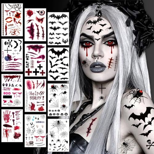 Tatuagem de Halloween, 12 folhas, fantasia de Halloween, para mulher, homem, menina, tatuagens de rosto assustadoras, adultos, crianças, vampiro, zumbi, , cicatrizes, feridas, morcegos, tatuagens