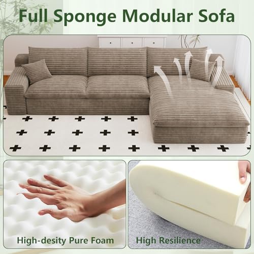 Image of 107 inch W Cloud Couch Modular Sectional Sofa for Living Room, L-Shape Boneless Couch with Deep Seat, Modern Corduroy 3-Seater, No Assembly Required (Camel,Right-Facing Chaise)