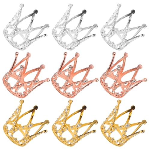 ZUNOXAZ 9 Adornos para Tarta en Forma de Tiara en 3 Colores Dorado Plateado Rosa Dorado con Gemas de Imitación Mini Tiaras Decorativas Reutilizables para Cumpleaños Infantiles y