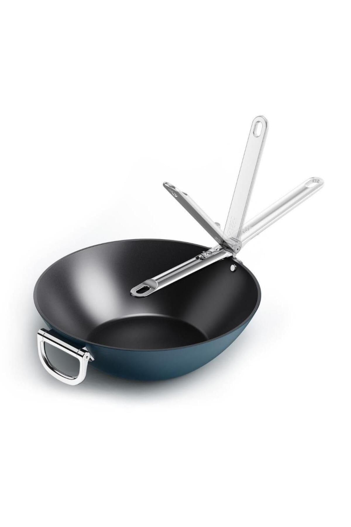 Joseph Joseph Space Wok 32cm, Manico Pieghevole, Salvaspazio, Rivestimento Ceramica Professionale, Induzione e Forno