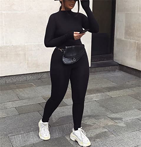 Echoine Long Sleeve Jumpsuit For Women Sexy Round Neck Back Zipper Bodycon Long Romper Clubwear Black L #TOP2