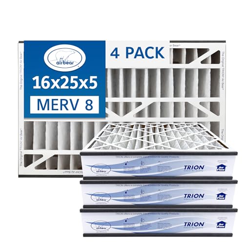 Air Bear 16x25x5 Air Filter MERV 8 (4-Pack) Pleated HVAC Air Filter Replacement (Actual Size: 15.50 x 24.25 x 4.9 Inches) Compatible with part no: 255649-105