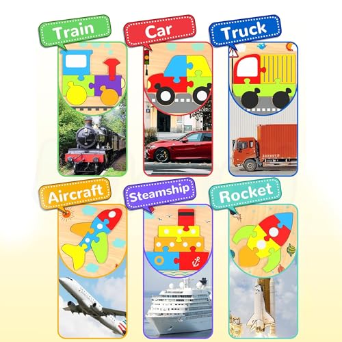 Image of Kidology 3D Wooden Puzzle Learning Toy Set for Toddlers - 6 Vehicle Shape Puzzles Blocks, Educational Fun Playset - Color & Shape Recognition Montessori Toy for Kids