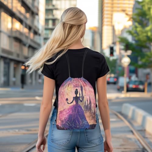 Image of jejeloiu Princess Drawstring Backpack 13x15.7inch Castle Print Waterproof Gym Drawstring Bags Romantic Sports String Backpack Beach Swim Travel Bag Sackpack