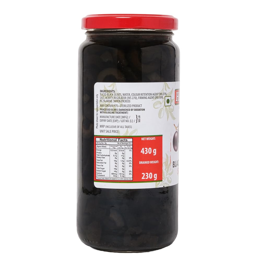 HABIT Black Olives Sliced - 430g x Pack of 1 | Preserved in Brine | Perfect for Salads, Pasta, Sandwiches & Pizza
