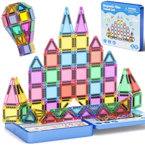 Magnetische Bausteine Reisespielzeug, 60-teiliges Magnetische Tiles Reiseset mit Eisenbox, Kreativität MINI Magnetic Fliesen Sensorisches Spielzeug Geburtstag Geschenk für Kinder 3 4 5 6 Jahren