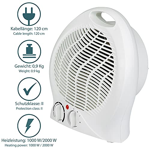 elektrische ventilatorkachel 2000W warmtestraler 2x verwarmingsstanden (1000/2000W) | 1x koudestraler | automatische uitschakeling bij kantelen | oververhittingsbeveiliging | snelverwarmer - WIT - Afbeelding 4
