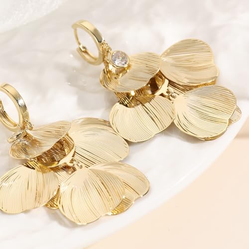 Boho Flower Layered Floral Leaf Drop Dangle Earring For Women,Metal CZ Gold Lightweight Flower Bohemian Gold Petal Exaggerated Jewelry Earrings For Women Brides Party Prom Wedding3