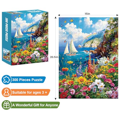 Image of 300 Pieces Puzzles for Adults-Colorful Garden By The Ocean Puzzle for Adults Children Elderly-Recycled Paper Puzzle 300 Pieces-Glossy, Sturdy Pieces Challenging Family Game Great Gift Idea (20.5x15in)