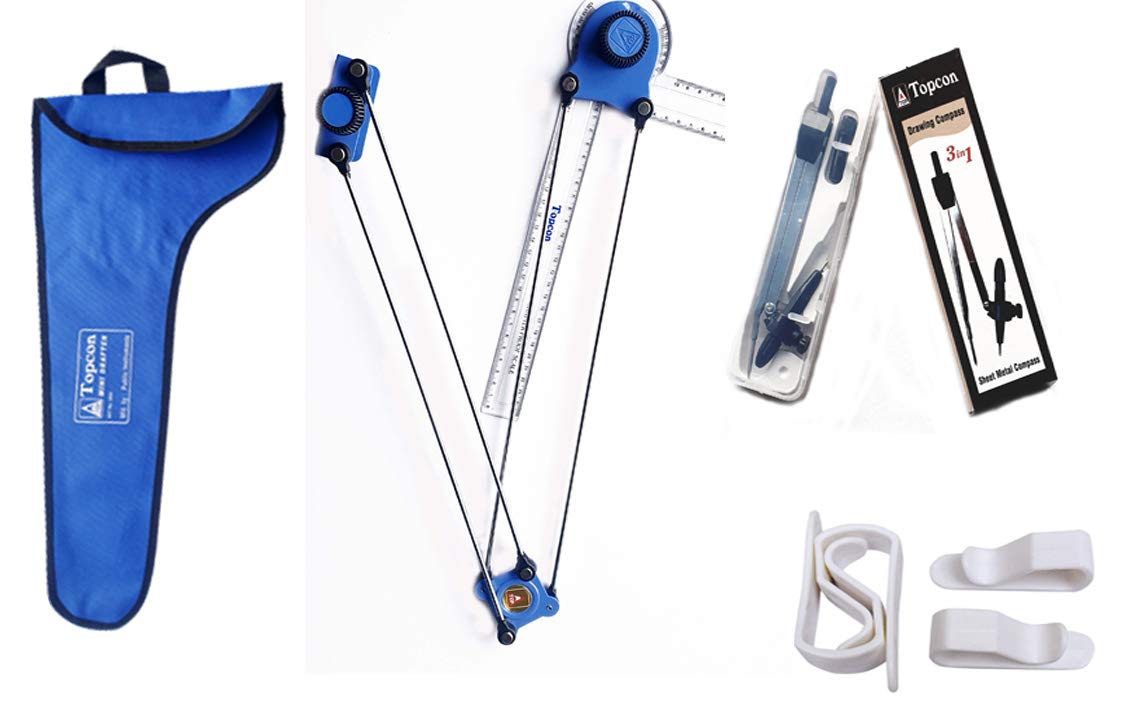 TOPCON Engineering Combo (Premium Mini Drafter, 3 in 1 Drawing Compass, Set of 4 Drawing Board Clips) Set of 3 Items