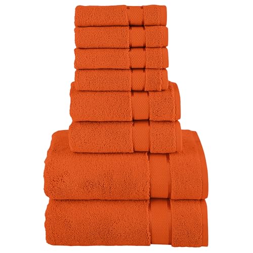 Image of Elegant Comfort Premium Cotton 8-Piece Towel Set, Includes 4 Washcloths, 2 Hand Towels and 2 Bath Towels, 100% Turkish Cotton - Highly Absorbent and Super Soft Towels for Bathroom, Orange