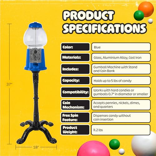Image of Great Northern Popcorn Gumball Machine with Stand and Coin Bank, Blue, 15 inch | Vintage Style Bubble Gum Ball Candy Dispenser Vending Machine with Glass Globe and Metal Base
