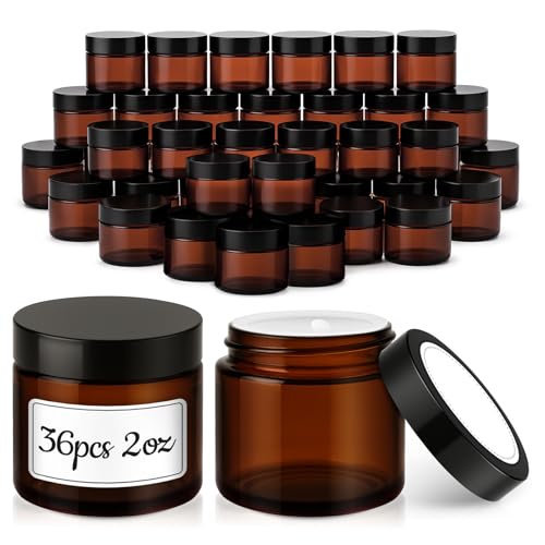 2 oz Glass Jars with Lids, 36 Pack Amber Small Glass Jars with Black Lids Leakproof Round Airtight Empty Cosmetic Travel Containers with Inner Liners For Lotions Powders and Candle Making