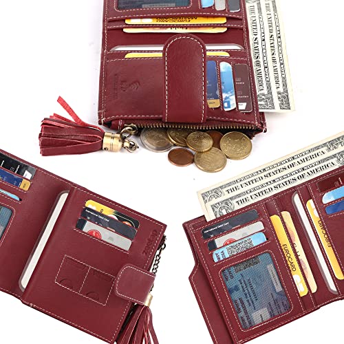Image of Zeetap Wallets for Women Genuine Leather Beautiful Ladies Wrist Wallet Tri-fold Wallet for Women, Unisex Wallet with RFID Protection (Garnet Red)