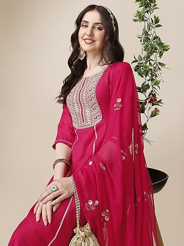 Image of EthnicJunction Women's Cotton Silk Embroidered Kurta Palazzo and Dupatta Set | Wedding Dress | Ethnic |Outfit