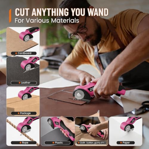 Image of Electric Scissors, Cardboard Cutter, With LED Light, High-Efficiency Brushless Motor, 2000mAh Battery, Tungsten Steel Blade, Suitable for Cloth, Cardboard, Carpet Wire Rope Cutters Pink