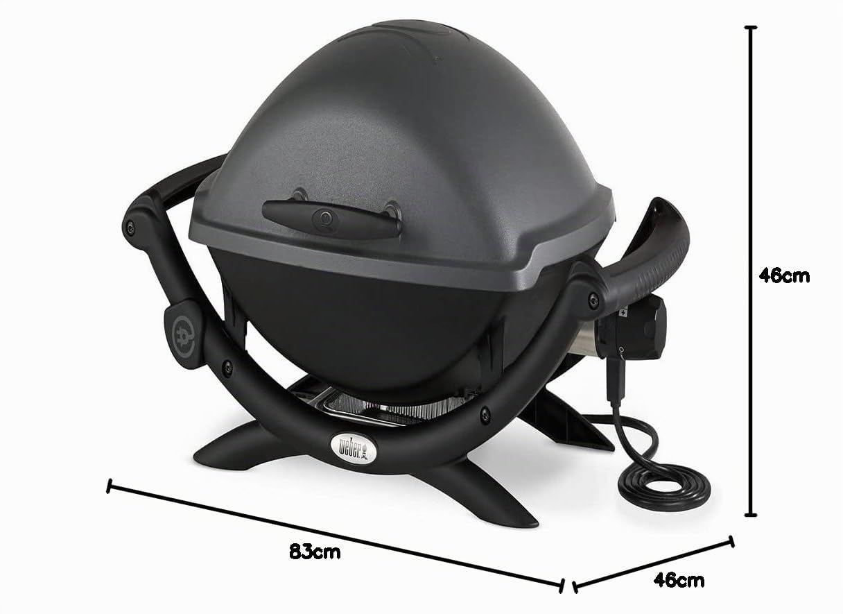 Weber Q2400 BBQ Elettrico con Supporto + ripiani laterali, sup. cottura 54 x 39 cm, sup. cottura in ghisa smaltata divisa in 2, coperchio e corpo in alluminio pressofuso - Grigio scuro (55020053)