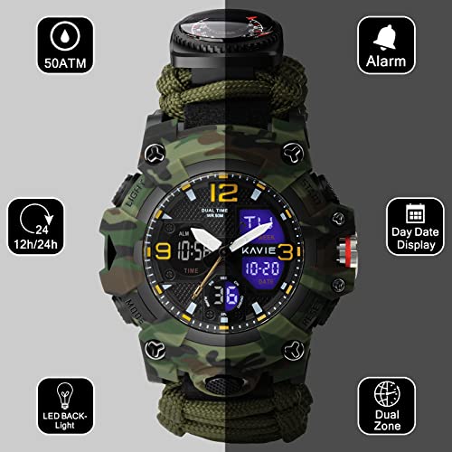 23-in-1 Survival Military Digital Watch, Mens Tactical Multi-Functional and Adjustable Wristband Outdoors Waterproof Sports Dual Dial Watches with Compass Paracord Band
