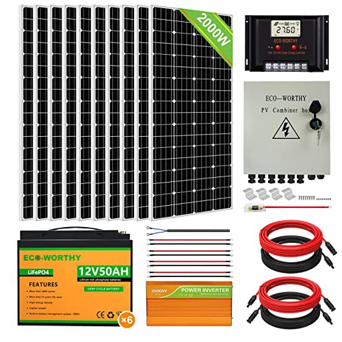 ECO-WORTHY 2000W 24V Solar Power System with Battery and Inverter for Home: 10 pcs 195W Solar Panel+ 6pcs 50Ah Lithium Bat...