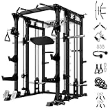 RitFit Smith Machine Power Cage with LAT Pulldown & Cable Crossover, All-in-One Power Rack Home Gym System with Leg Press Attachment & Accessories,Black
