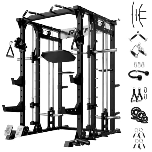 RitFit Smith Machine Power Cage with LAT Pulldown & Cable Crossover, All-in-One Power Rack Home Gym System with Leg Press Attachment & Accessories,Black