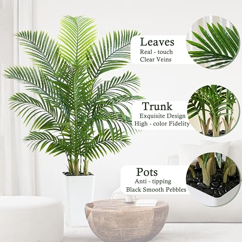 Artificial Palm Tree:5FT Tropical Fake Silk Plant UV Resistant Faux Areca Palm with White Planter & Black Pebbles for Home Office Living Room Decor Indoor Patio Porch Balcony (5FT,1-Pack,White) - Image 4