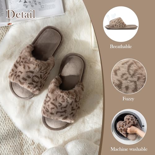 Image of GOEWY Women's Fuzzy Open-Toe House Slippers with Memory Foam - Leopard Print Cheetah Plush Cozy Cute Slipper Indoor /Outdoor Soft Slip On Slides Gifts for Women Mom Her Ladies