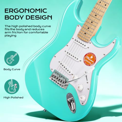 Image of Electric Guitar Beginner Kits, 6 Strings 39 Inch Solid Body Guitarra Electricar Set for Adults With Gig Bag, Strap, Tremolo Arm, Cable & Picks MS100 (Green1)