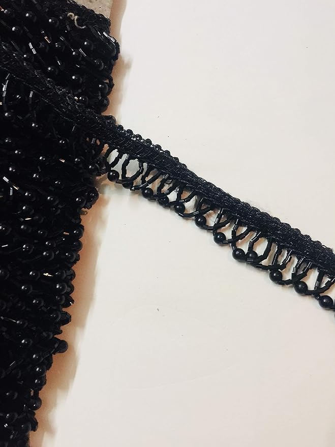 Black Hanging lace Pearl and Beads Latkan Ribbon Trim for Dresses, Crafts, Home Decor, Saree Blouse Designing Accessory Decorating Fabric Reel (Black-8.5meter)-image-16