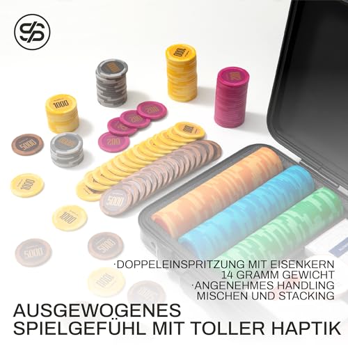 SLOWPLAY Godel 14g Ton Pokerchips-Set für Texas Hold’em, 300 STK [mit Werten] Verfügt über einen hochwertigen Chipkoffer mit besonders robuster Polycarbonat-Schale, Pokerspieler