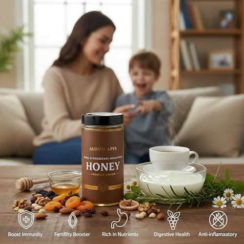 Image of Aurum Apis Raw Kyrgyzstani Mountain Honey - 100% Raw & Unfiltered Pure Honey, Hand-Harvested, Non-GMO, Naturally Sourced Certified Organic Premium Honey- 1kg Honey Jar