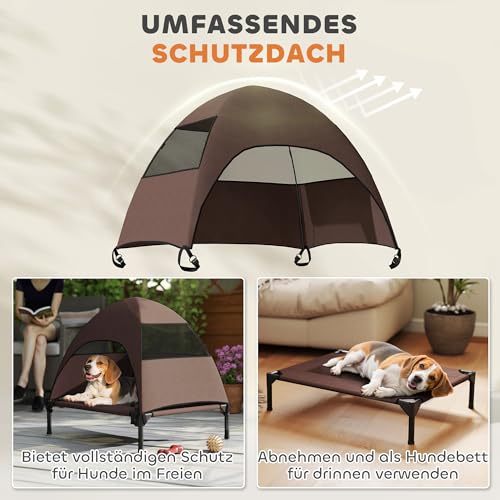 PawHut Hundeliege Outdoor mit Dach, Erhöhtes Hundebett für Mittelgroße Hunde, Kühlendes Haustierliege mit Waschbares Mesh Stahlrahmen Tragtasche, Haustierbett für Draußen Camping 76x61x71cm, Kaffee