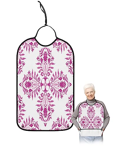Pink Mandala Flower Adult Bibs for Eating, Waterproof Bibs with Food Catcher & Adjustable Snap Closure, Boho Ethnic Geometric Abstract Art Washable Clothing Protectors Adult Bibs for Elderly Women/Men