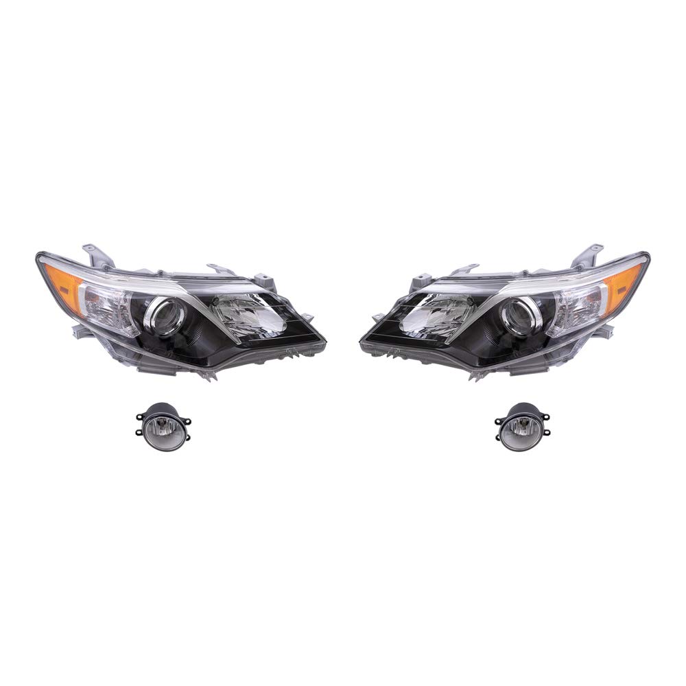 Brock Replacement Driver and Passenger Side Halogen Combination Headlights with Black Bezel and Fog Lights 4 Piece Set Compatible with 2012-2014 Camry