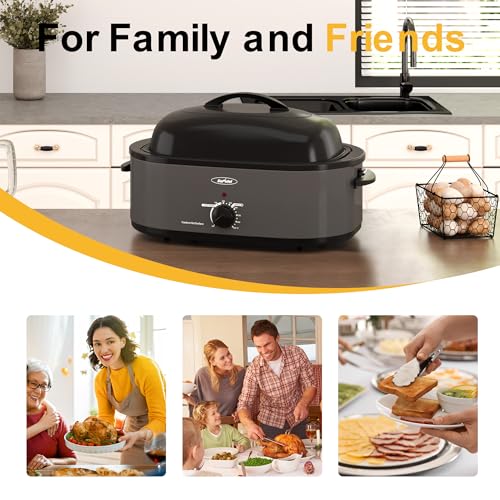 Sunvivi Roaster Oven with Self-Basting Lid,20 Quart Electric Roaster with Removable Pan & Rack,150-450°F Full-Range Temperature Control with Defrost/Warm Function,Stainless Steel,Grey
