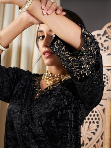 Image of Women's Velvet Floral Embroidered Straight Kurta | Round Neck Three-Quarter Sleeve Calf Length Kurti with Thread Work