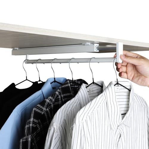 BaiNong pull out closet rod pull out pants rack for closet white 9-1/2 inch pull out rack clothes pull out valet rod closet telescopic trouser rack shallow cabinet organize pants and clothes