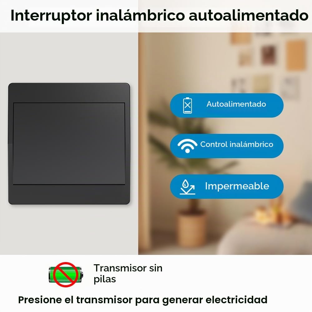 interruptor inalámbrico cinético negro RF interruptores inalámbricos de control simple y doble sin batería mando a distancia radio interruptor inalámbrico (Negro 1Gang 1V1 EU)