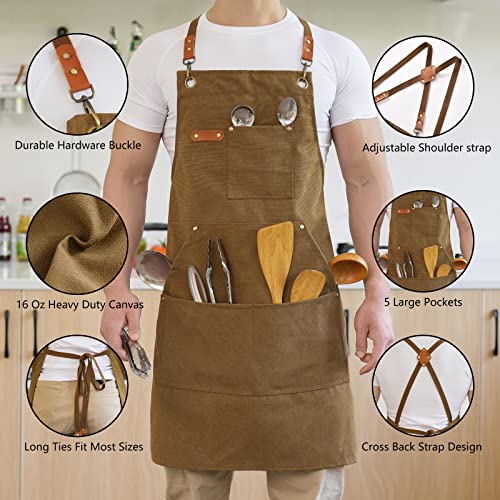 Canvas Aprons for Men Chef Apron, Work Apron with Large Pockets - 16oz Heavy Duty Cross Back, BBQ, Cooking - Image 7
