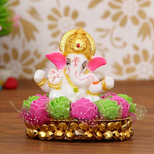eCraftIndia Golden and White Polyresin Lord Ganesha Idol On Decorative Handcrafted Plate with Pink & Green Flowers - God Idol for Car Dashboard, Home, Office Decor for Ganesh Chaturthi