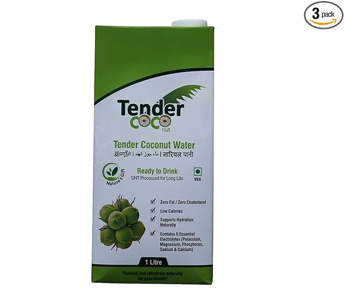 Tender COCO 100% Natural Tender Coconut Water, Tetra Pack 1L (Pack of 3)