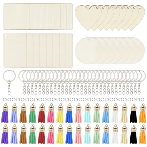 Rebanky 128 Piezas Llaveros para Personalizar, Rebanadas de Madera Natural Llaveros madera para Grabar l laveros Madera para Pintar con Colgante de Borla Anillos de Salto Llavero (4 Formas)