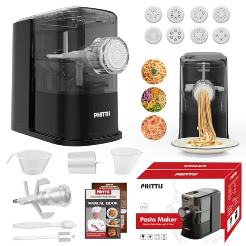 PHITTIS Electric Pasta Machine, Automatic Pasta Maker Machine Electric with 8 Discs for Spaghetti & Fettucine and More, Easy-to-Clean Noodle Maker with Measuring Cup, Cleaning Scraper, Black