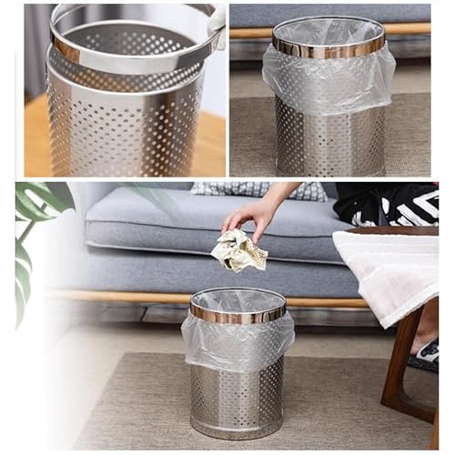 Compost bin Kitchen/Garbage Round Trash Can No Lid, Stainless Steel Hollow Trash Can, Open Top Wastebasket Recycling Bin with Pressure Ring for Home Office Business Step Trash can(Silver,S)