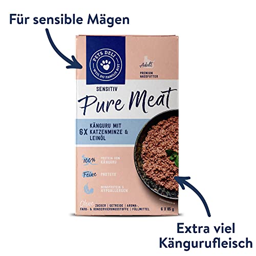 Pets Deli Pure Meat Sensitiv Katzen Nassfutter Känguru & Katzenminze, bei sensiblem Magen & Allergien, getreidefrei, ohne Zucker, 6x85g, Premium Qualität