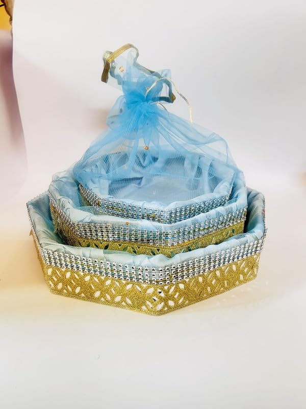 Vayu Art & Crafts Octagonal Net Decorated Gift Hamper Tray Wedding Event Including with Net Decoration Blue Set of 3 | Size-20x20x6cm, 25x25x6cm, 30x30x6cm