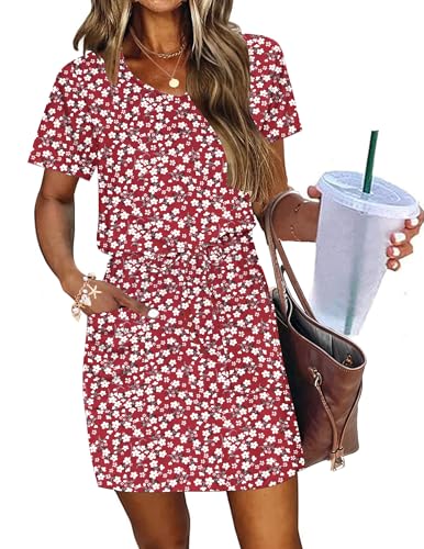 Image of AUSELILY Womens Summer Dresses 2026 Causal Short Sleeve V Neck Tie Front Mini Short Dress with Pockets
