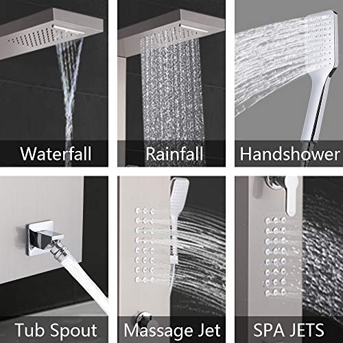 Homgrace Shower Panel Tower System,60\'\' Stainless Steel Rainfall Multi-Function Column Wall Mount Shower Fixtures, Waterfall, Rainfall, Hand Shower, Body Jets Massage, Bathtub Spout,Silver
